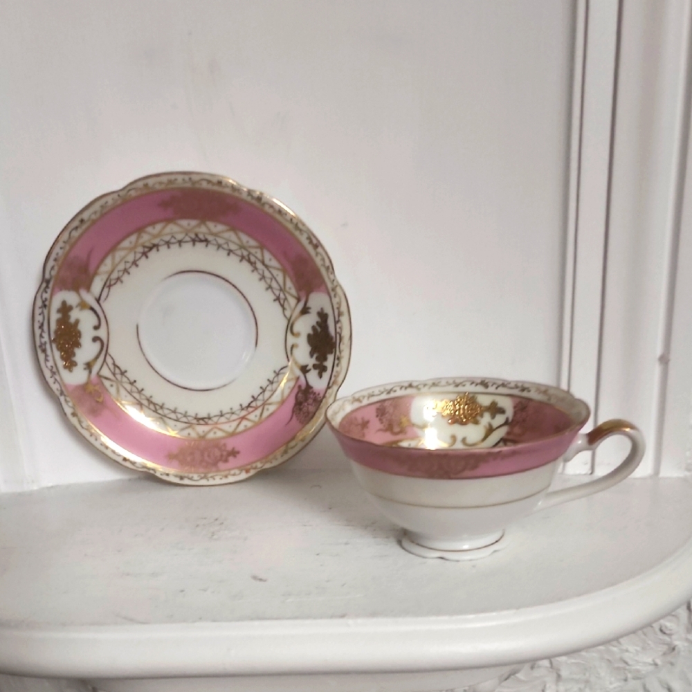 Elegant Pink and Gold Teacup and Saucer Set